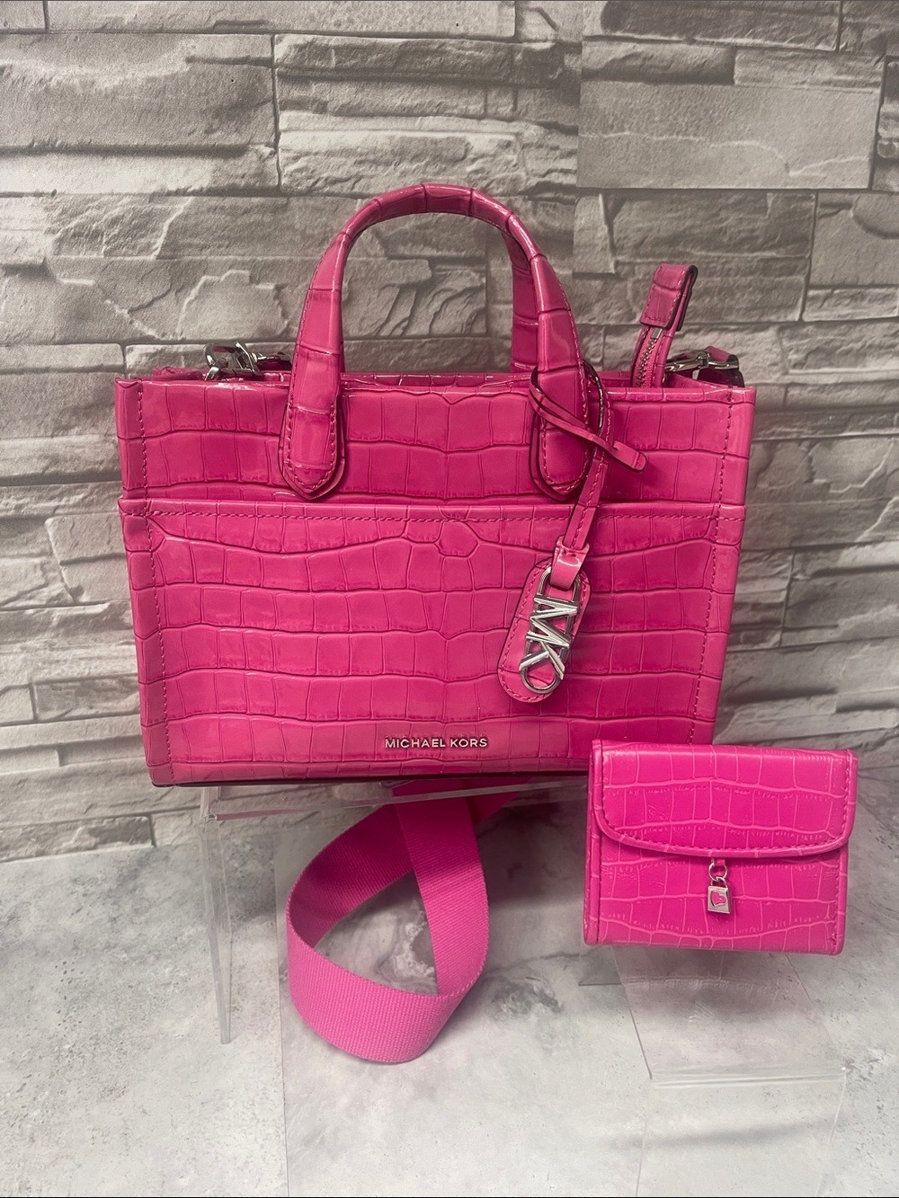 Michael Kors Gigi Medium Crocodile Embossed Satchel Messenger Bag Cerise Pink